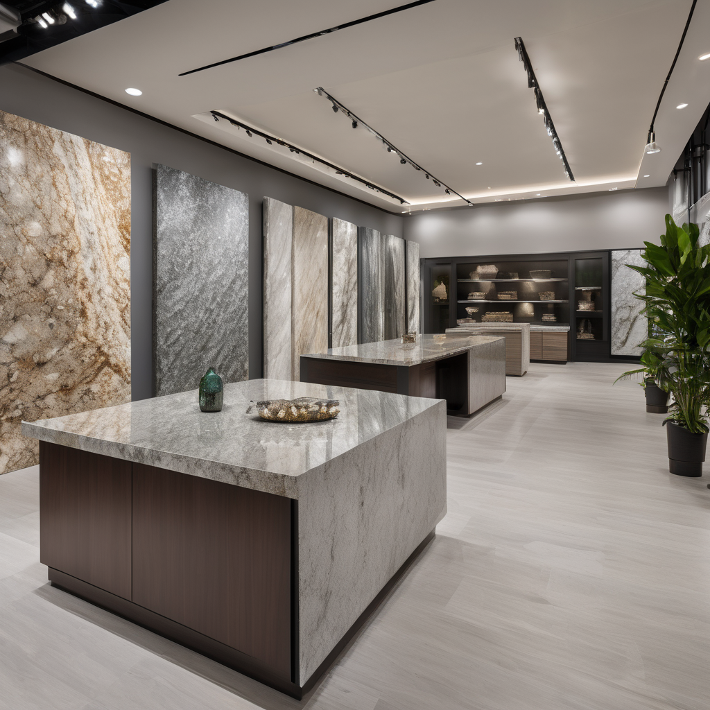Large granite and quartz slab showroom with vertical stone displays